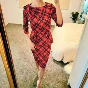 Homeyee Korean Style Red Black Dress Peplum Knee Length Christmas 3/4 Sleeve